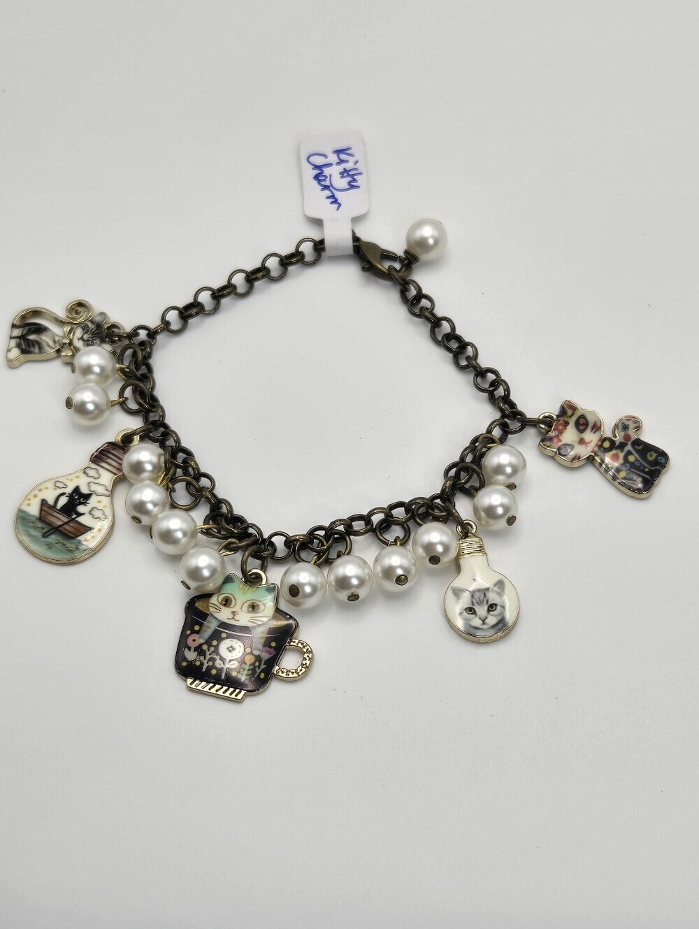 Kitty Charm Bracelet Bronze Tone Enamel Charms Adorably Handmade